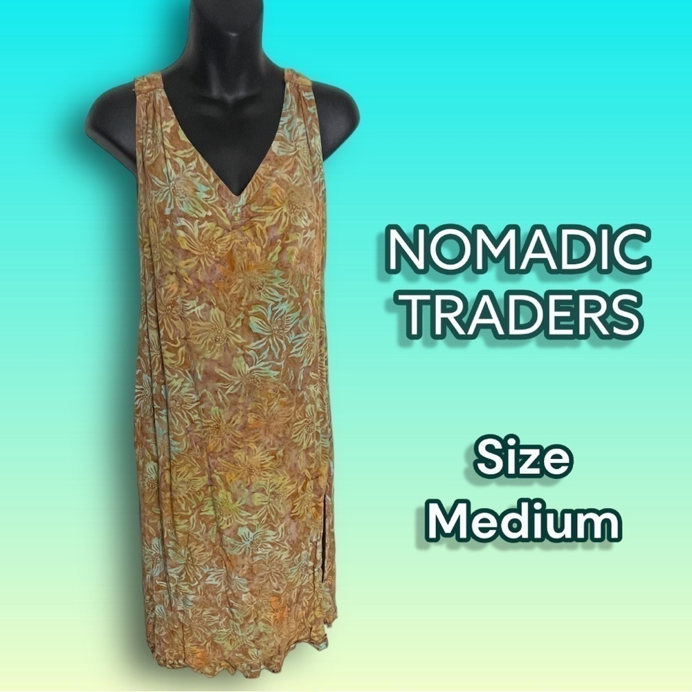 NOMADIC Traders Brown Green Floral Shift A-Line Tunic Tank Dress Medium